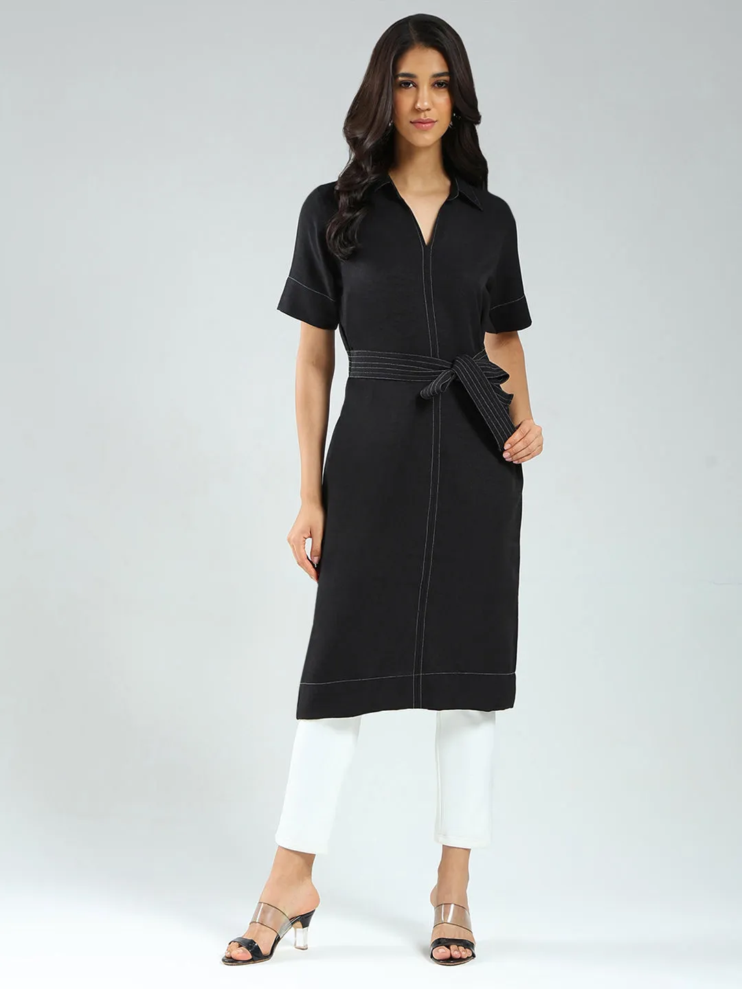 Women Black Solid Collar Half Sleeve Tunic sold by Monte Carlo