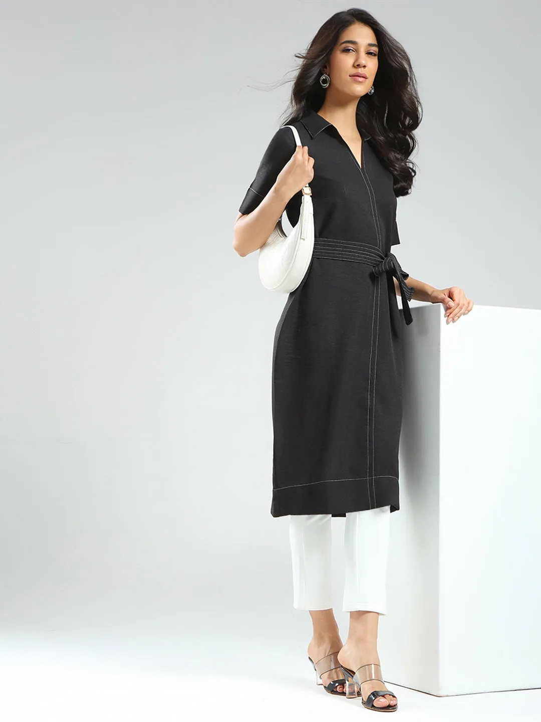 Women Black Solid Collar Half Sleeve Tunic sold by Monte Carlo product image thumbnail 2