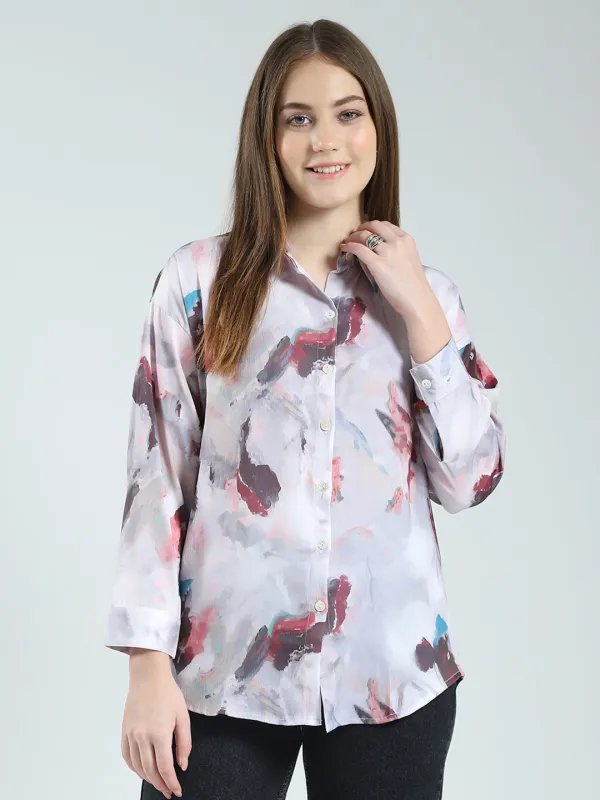 Women Grey Printed Collar Full Sleeve Top made by Monte Carlo