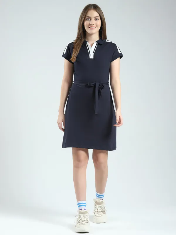 Women Navy Blue Solid Collar Half Sleeve Dress sold by Monte Carlo