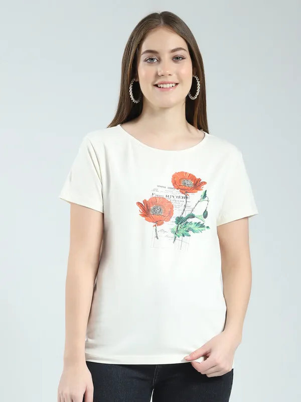 Women Off White Printed Round Neck Half Sleeve Top sold by Monte Carlo