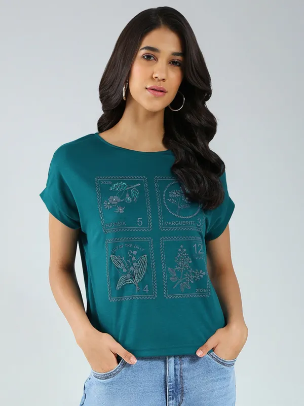 Women Teal Blue Printed Round Neck Half Sleeve Top sold by Monte Carlo