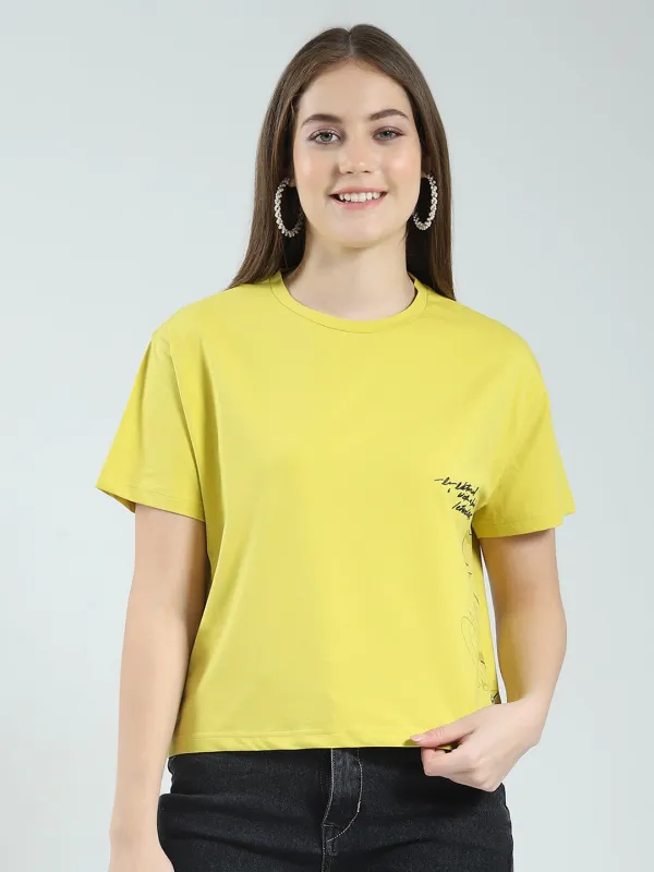Women Mustard Printed Round Neck Half Sleeve Top sold by Monte Carlo