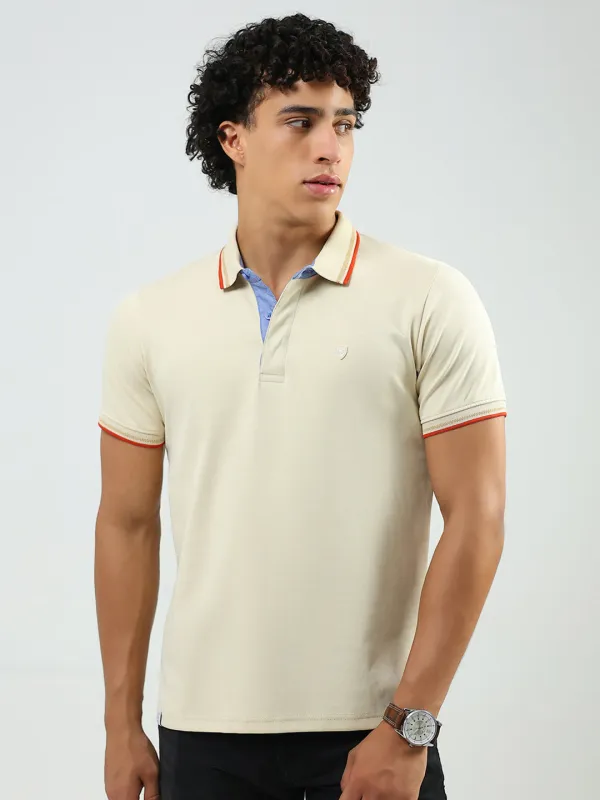 Men Beige Solid Collar Half Sleeve T-Shirt made by Monte Carlo
