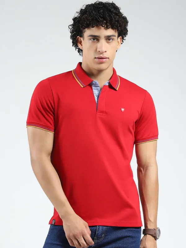 Men Red Solid Collar Half Sleeve T-Shirt made by Monte Carlo