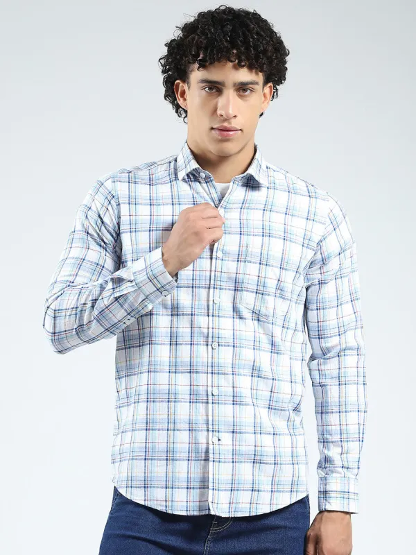 Men Blue Check Collar Full Sleeve Linen Shirt sold by Monte Carlo