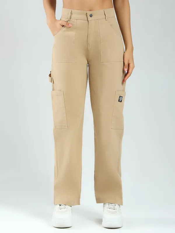 Rock.it Women Beige Solid Straight Fit Cargo sold by Monte Carlo