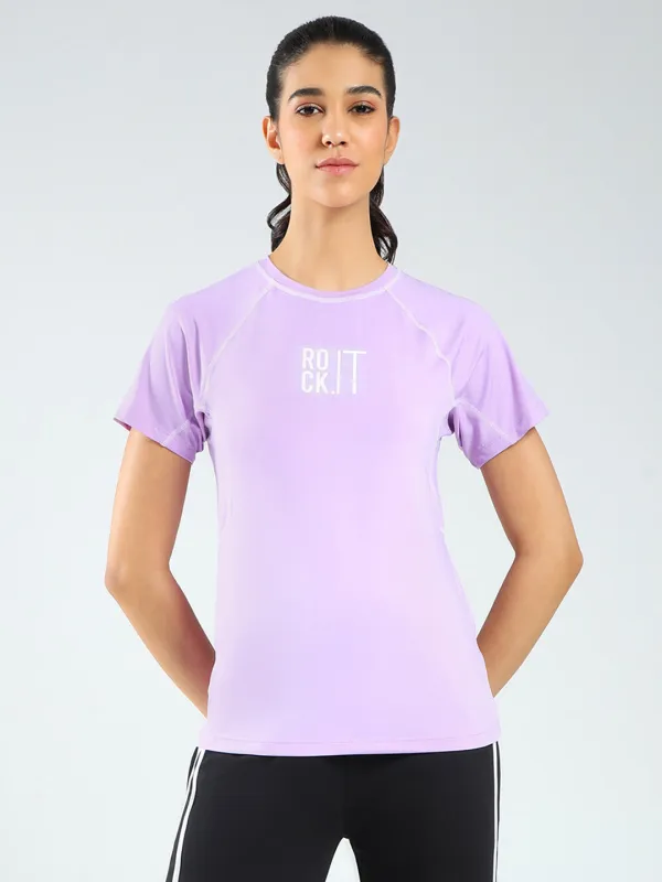 Rock.it Women Purple Printed Round Neck Half Sleeve Top sold by Monte Carlo