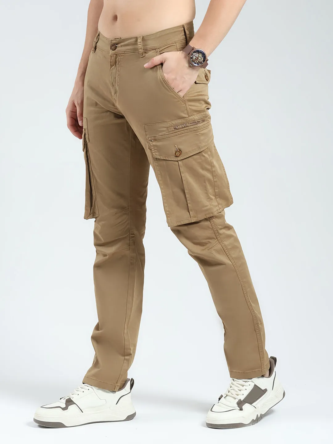 Men Khaki Solid Slim Fit Cargo sold by Monte Carlo product image thumbnail 3