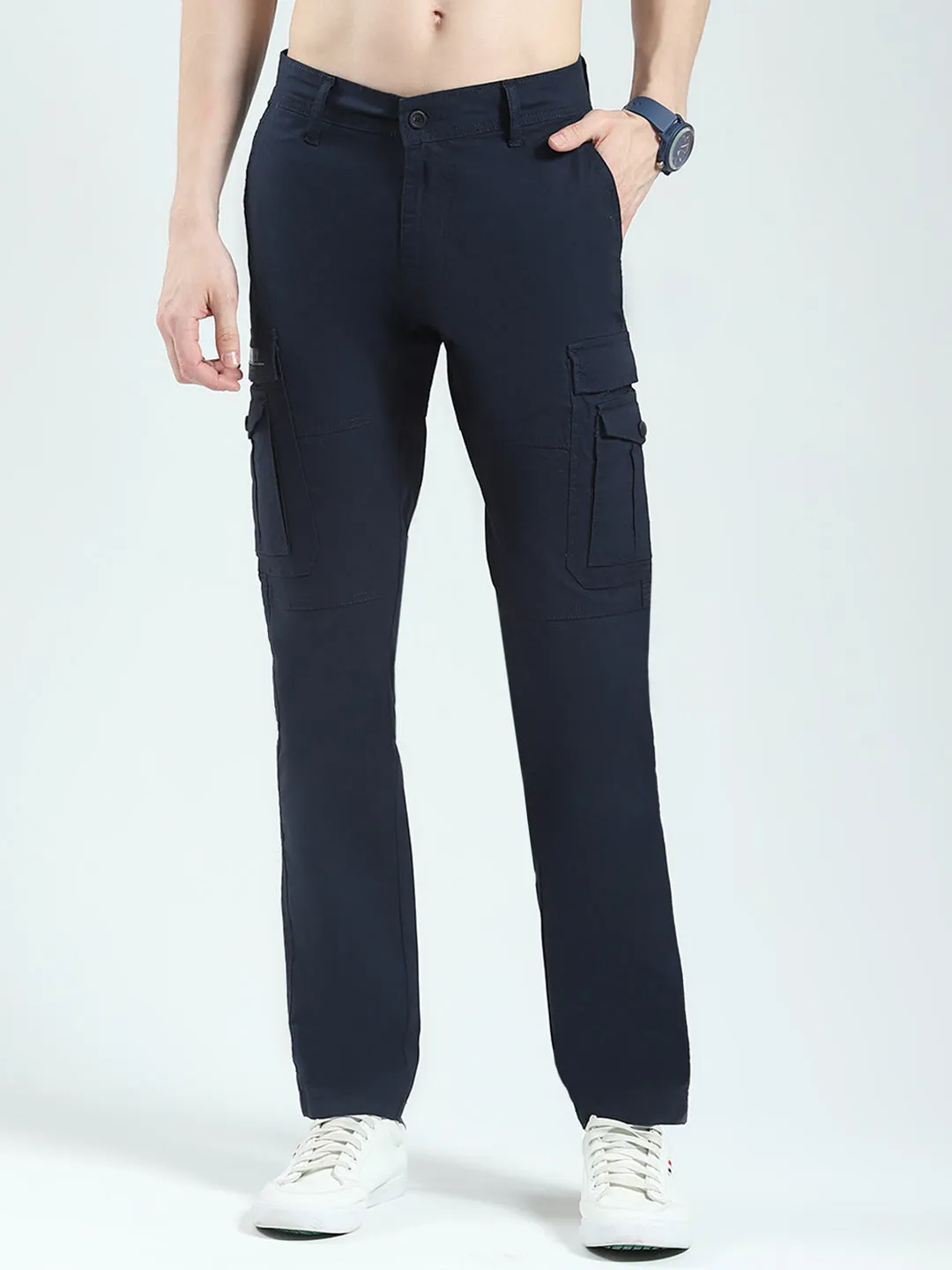 Men Navy Blue Solid Slim Fit Cargo sold by Monte Carlo