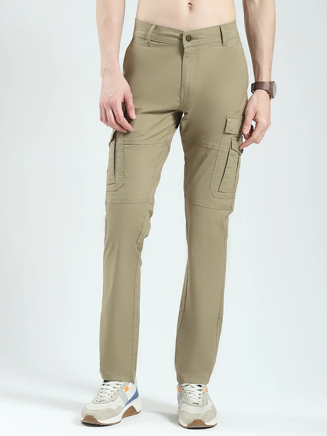 Men Khaki Solid Slim Fit Cargo sold by Monte Carlo