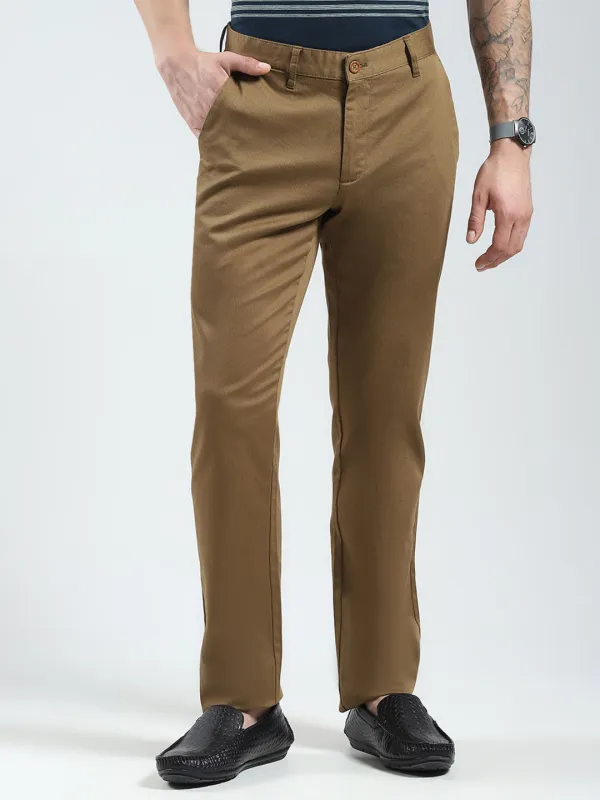 Men Khaki Solid Slim Fit Trouser sold by Monte Carlo