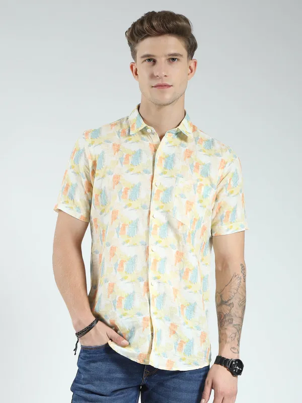 Men Yellow Printed Collar Half Sleeve Linen Shirt sold by Monte Carlo