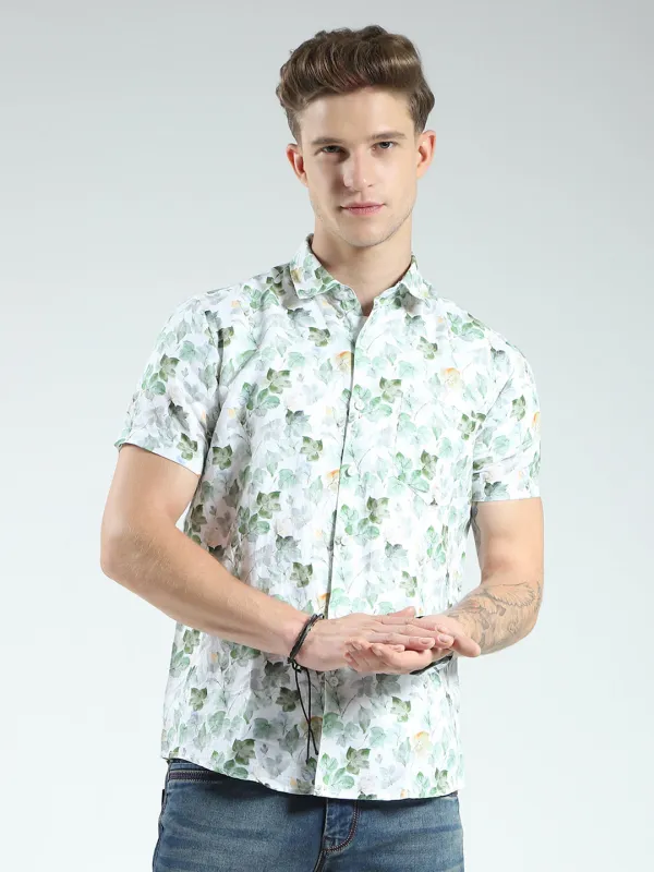 Men Green Printed Collar Half Sleeve Linen Shirt sold by Monte Carlo