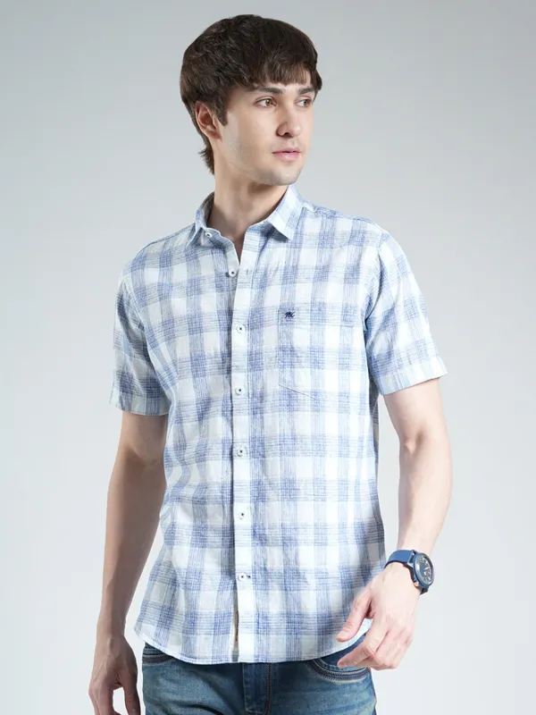 Men Blue Check Collar Half Sleeve Linen Shirt sold by Monte Carlo