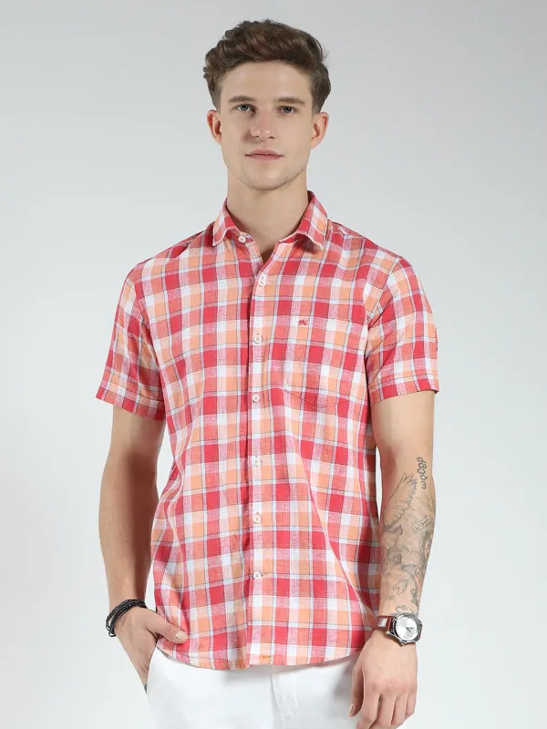 Men Orange Check Collar Half Sleeve Linen Shirt sold by Monte Carlo