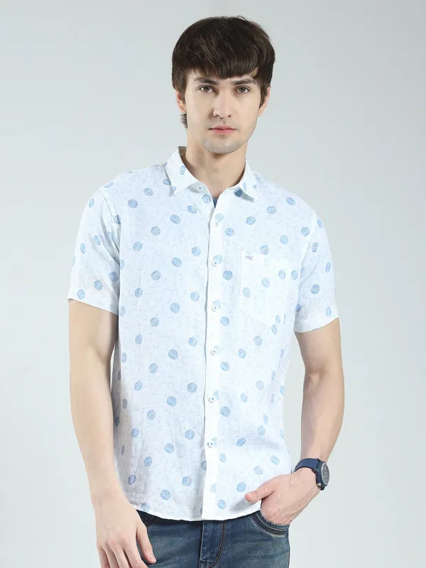 Men White Printed Collar Half Sleeve Linen Shirt sold by Monte Carlo