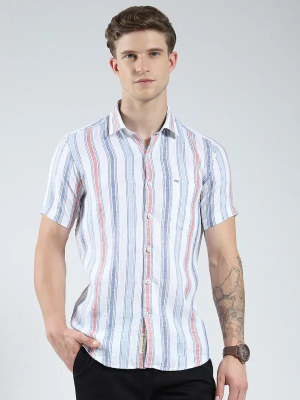 Men Blue Stripe Collar Half Sleeve Linen Shirt sold by Monte Carlo