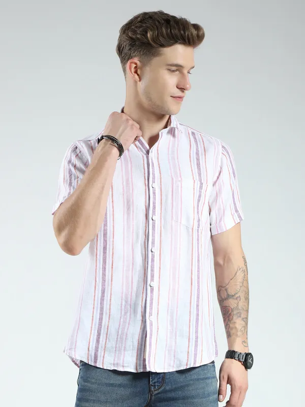 Men White Stripe Collar Half Sleeve Linen Shirt sold by Monte Carlo