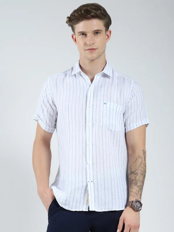 Men White Stripe Collar Half Sleeve Linen Shirt sold by Monte Carlo