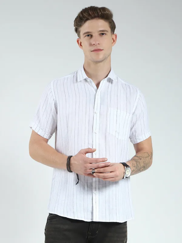 Men White Stripe Collar Half Sleeve Linen Shirt sold by Monte Carlo