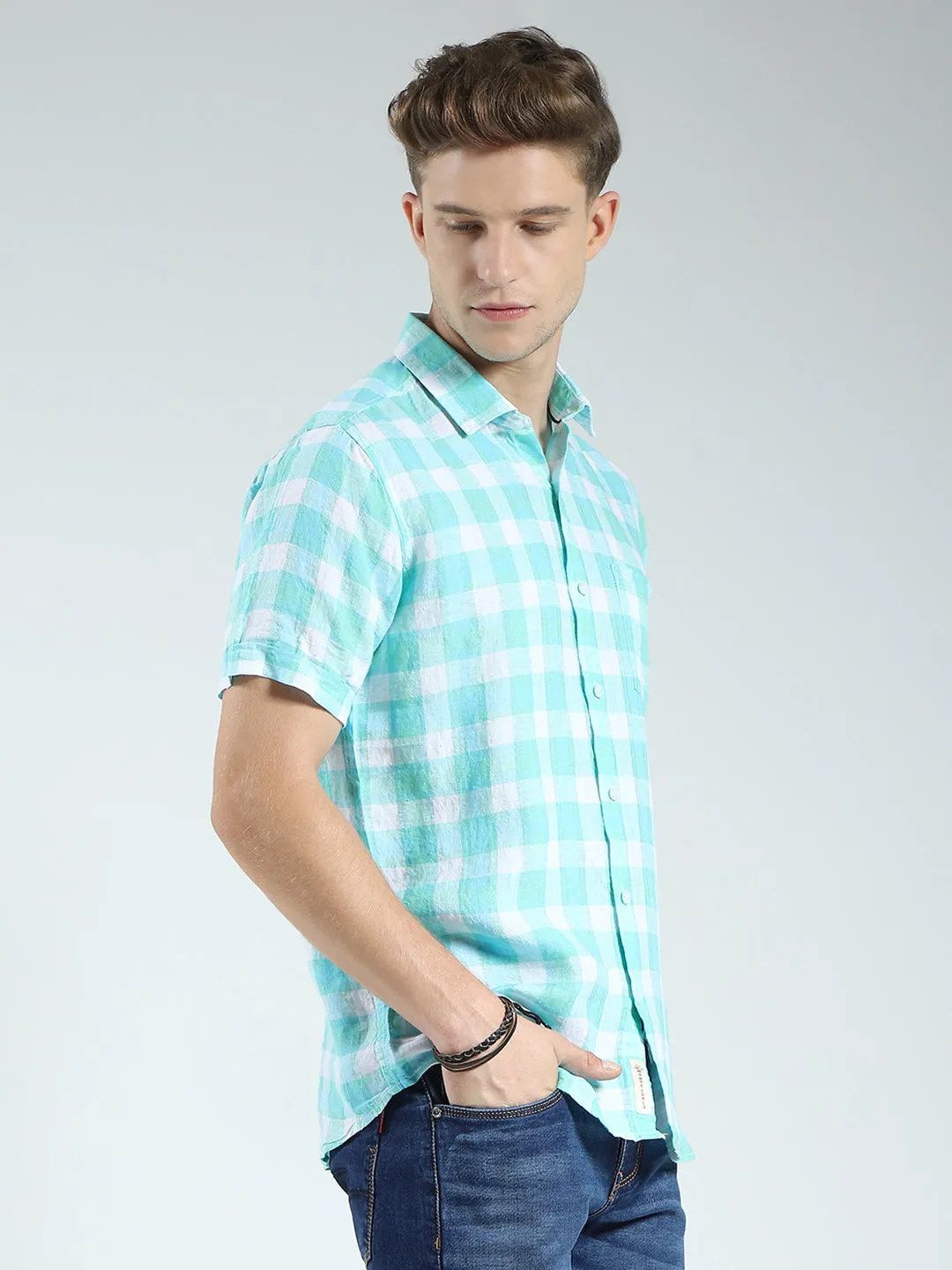Men Green Check Collar Half Sleeve Linen Shirt sold by Monte Carlo product image thumbnail 4