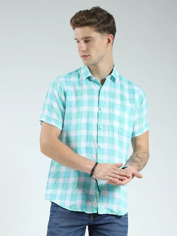 Men Green Check Collar Half Sleeve Linen Shirt sold by Monte Carlo