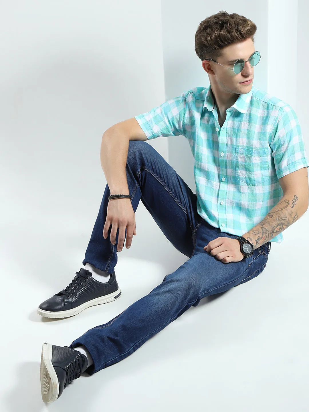 Men Green Check Collar Half Sleeve Linen Shirt sold by Monte Carlo product image thumbnail 2