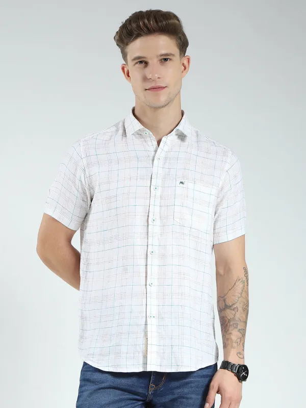 Men White Check Collar Half Sleeve Linen Shirt sold by Monte Carlo
