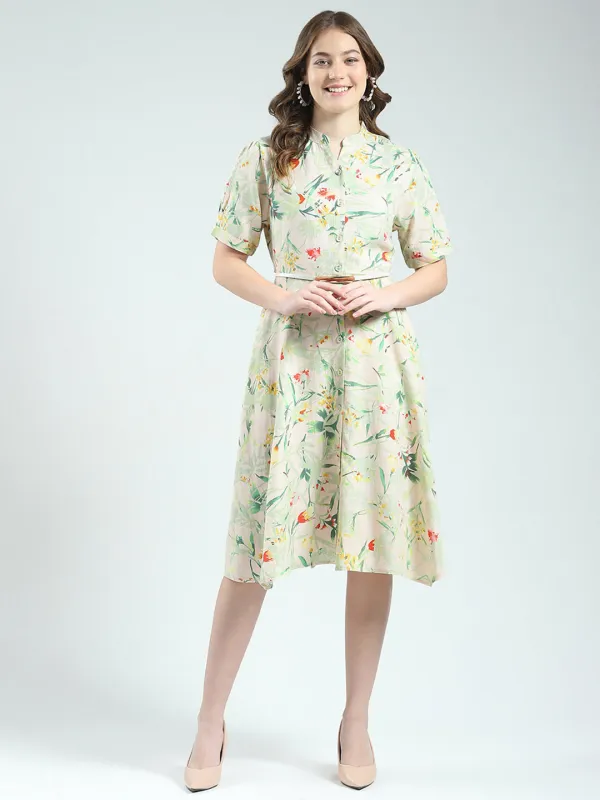 Women Beige Printed Band Neck Half Sleeve Dress sold by Monte Carlo