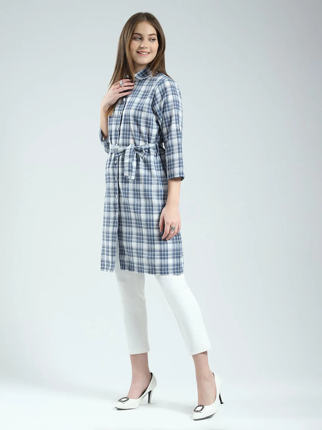 Women Blue Check Collar 3/4th Sleeve Tunic sold by Monte Carlo product image thumbnail 3