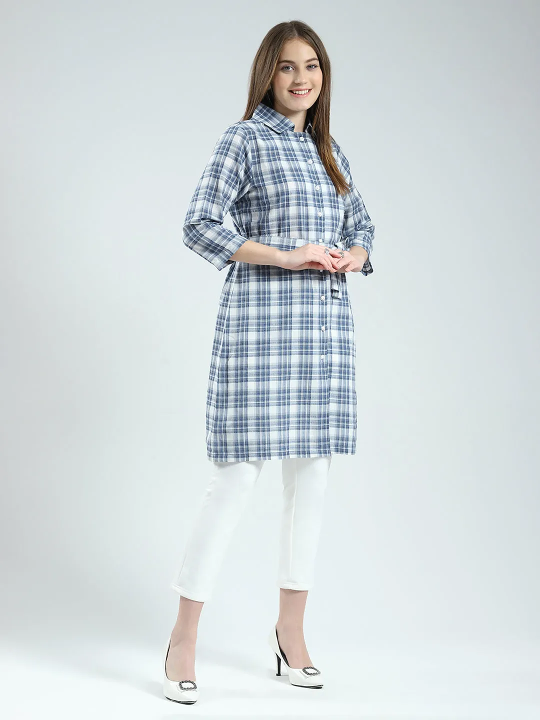 Women Blue Check Collar 3/4th Sleeve Tunic sold by Monte Carlo product image thumbnail 4