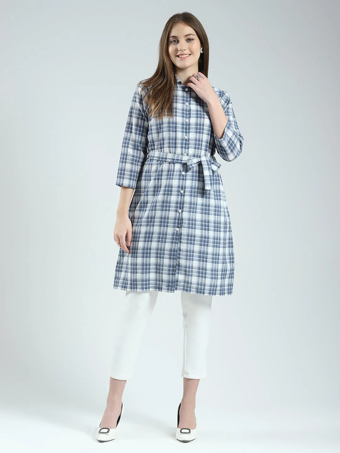 Women Blue Check Collar 3/4th Sleeve Tunic sold by Monte Carlo