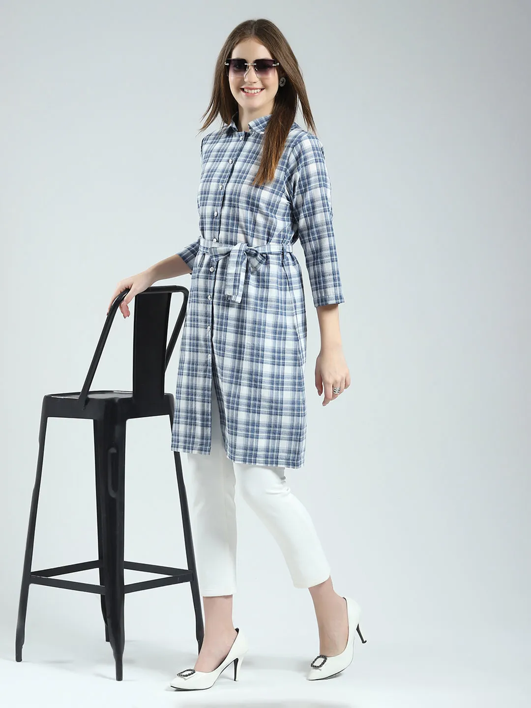 Women Blue Check Collar 3/4th Sleeve Tunic sold by Monte Carlo product image thumbnail 2