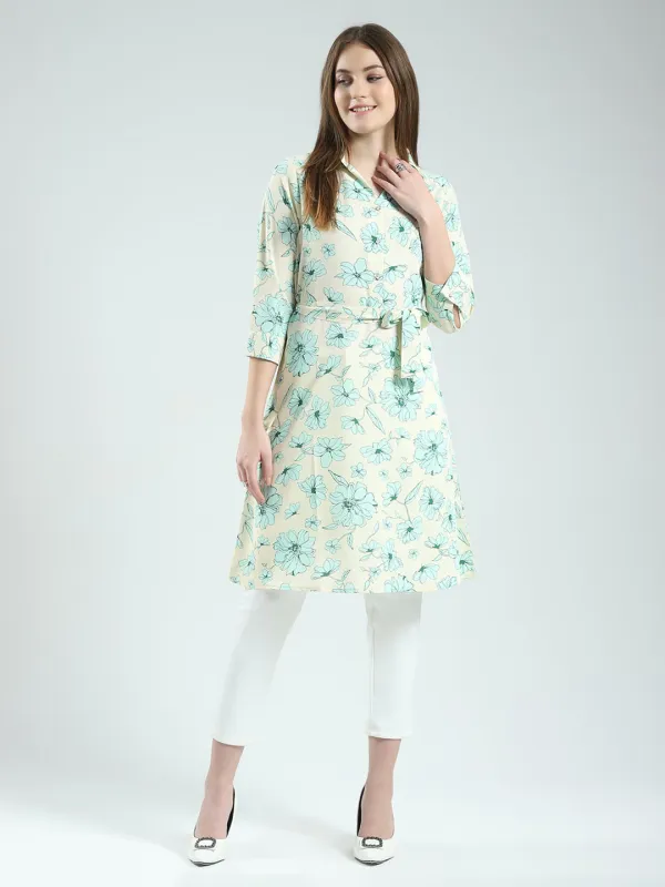 Women Beige Printed Collar 3/4th Sleeve Tunic sold by Monte Carlo