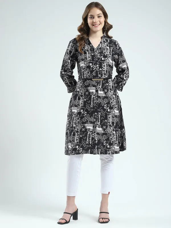 Women Black Printed Round Neck 3/4th Sleeve Tunic sold by Monte Carlo