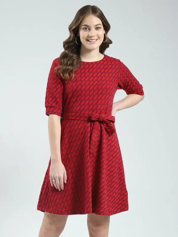 Women Red Self Design Round Neck Half Sleeve Dress sold by Monte Carlo