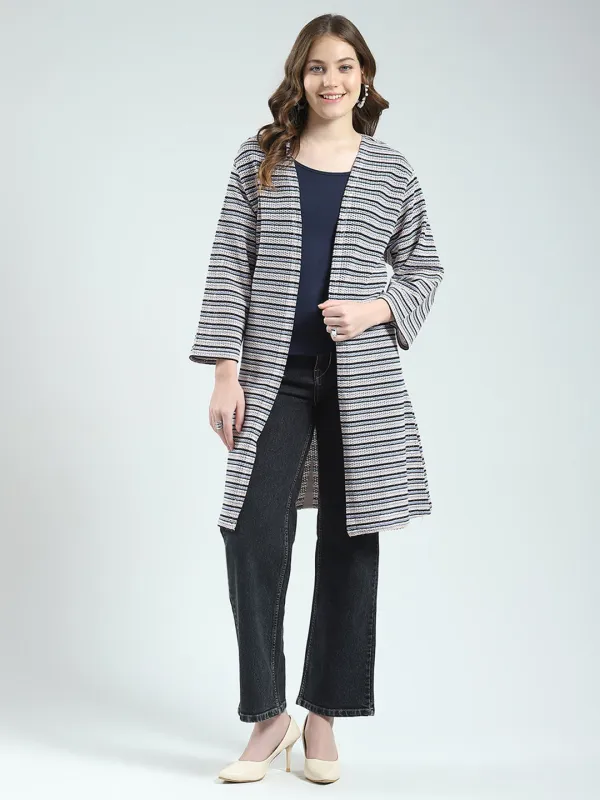 Women Navy Blue Self Design Front Open 3/4th Sleeve Shrug sold by Monte Carlo