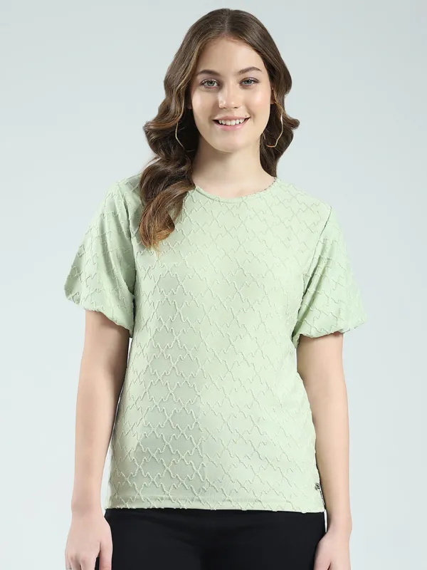 Women Green Self Design Round Neck Half Sleeve Top made by Monte Carlo
