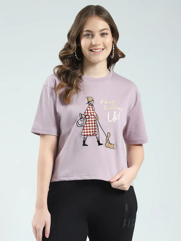 Women Purple Printed Round Neck Half Sleeve Top sold by Monte Carlo