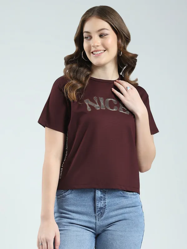 Women Burgundy Embroidered Round Neck Half Sleeve Top sold by Monte Carlo