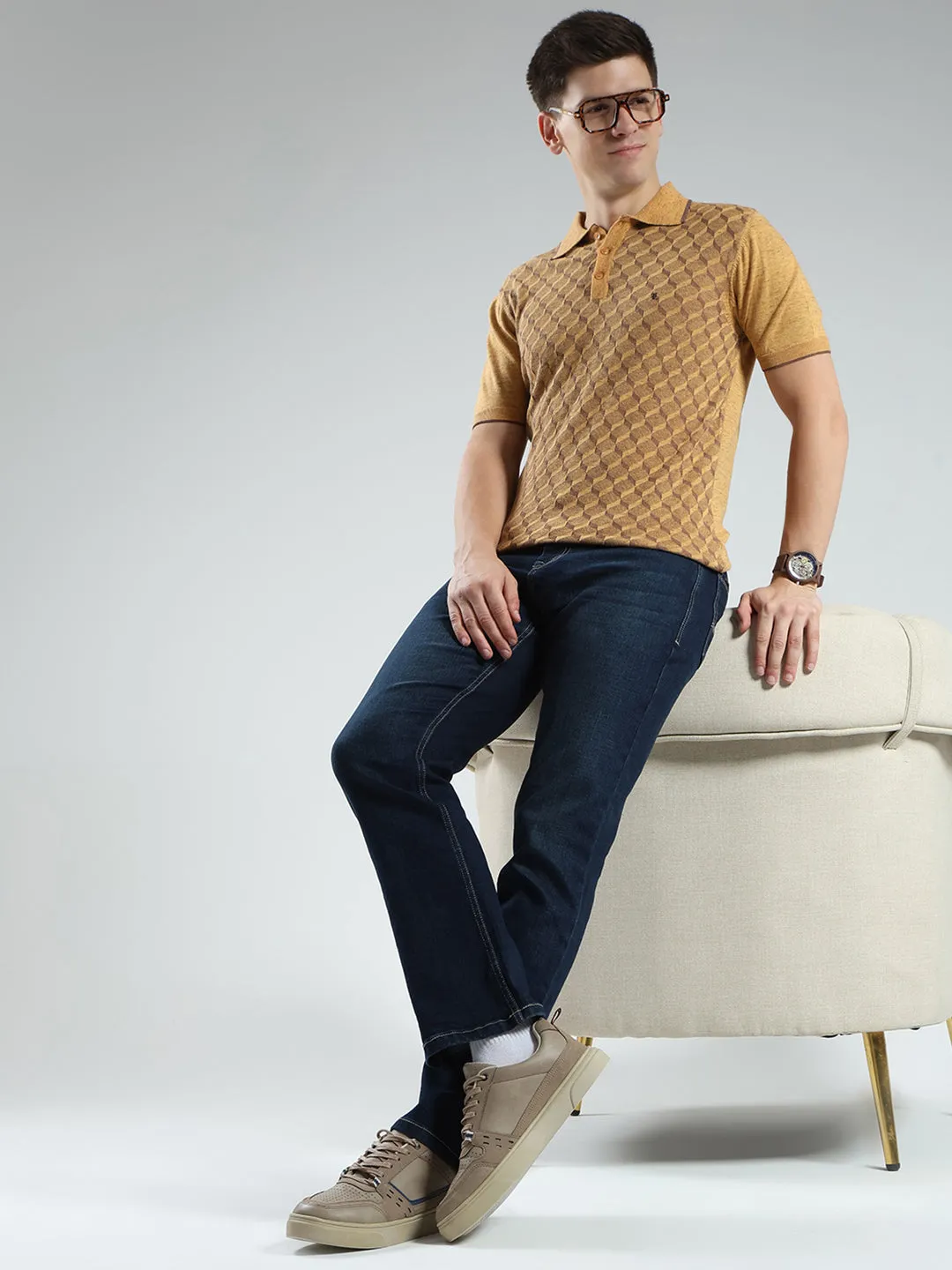 Luxuria Men Mustard Printed Collar Half Sleeve T-Shirt sold by Monte Carlo product image thumbnail 2