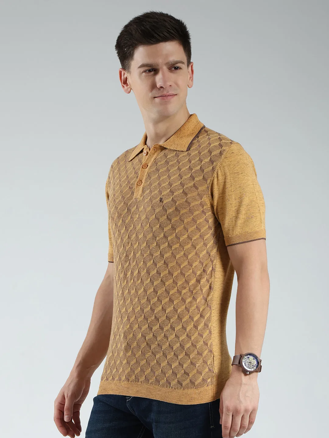 Luxuria Men Mustard Printed Collar Half Sleeve T-Shirt sold by Monte Carlo product image thumbnail 3