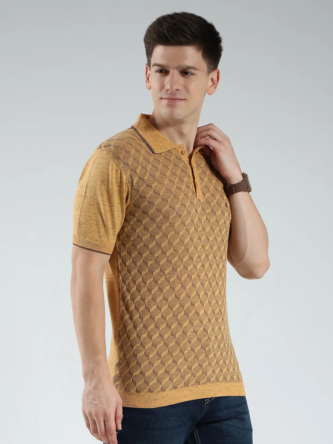 Luxuria Men Mustard Printed Collar Half Sleeve T-Shirt sold by Monte Carlo product image thumbnail 4