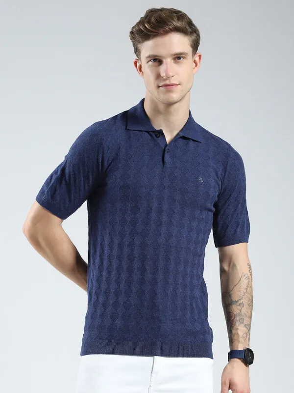 Luxuria Men Navy Blue Self Design Collar Half Sleeve T-Shirt made by Monte Carlo