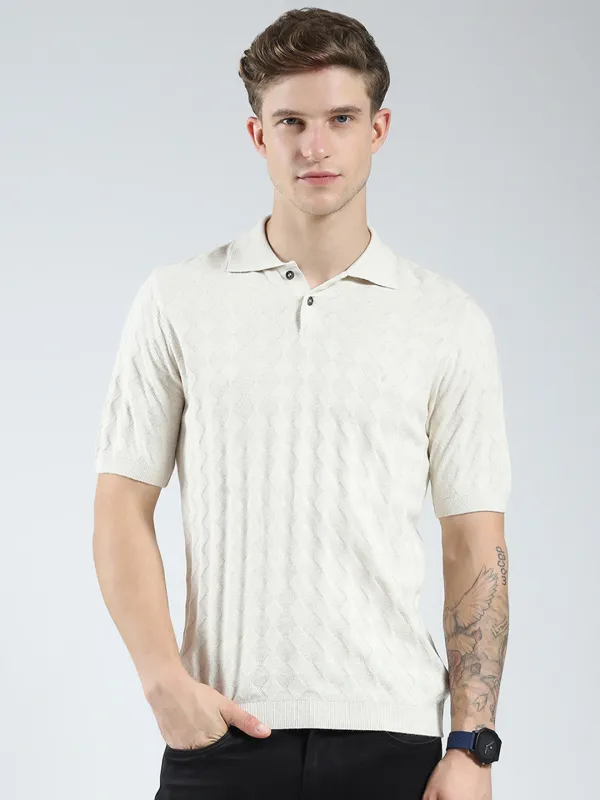 Luxuria Men Beige Self Design Collar Half Sleeve T-Shirt made by Monte Carlo