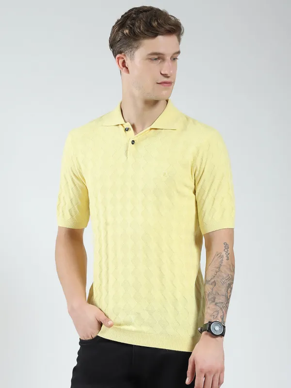 Luxuria Men Yellow Self Design Collar Half Sleeve T-Shirt made by Monte Carlo