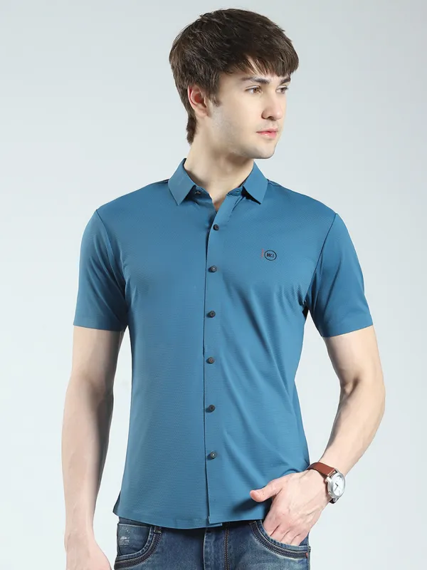 Men Teal Blue Solid Collar Half Sleeve Shirt sold by Monte Carlo