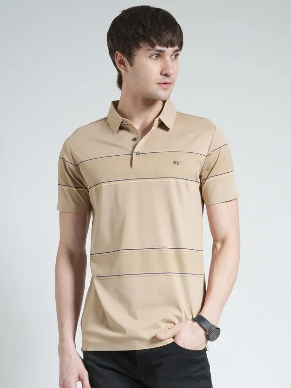 Men Beige Stripe Collar Half Sleeve T-Shirt made by Monte Carlo