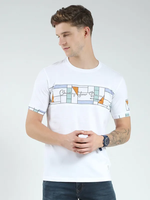 Men White Printed Round Neck Half Sleeve T-Shirt made by Monte Carlo